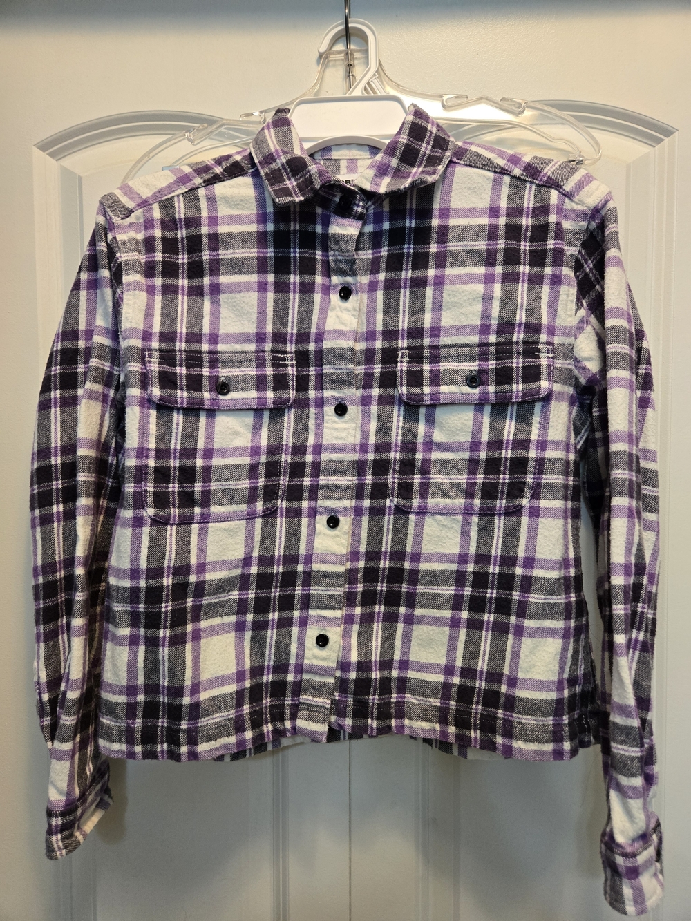 Obey Cropped Purple & White Plaid Button-Front Flannel Shirt